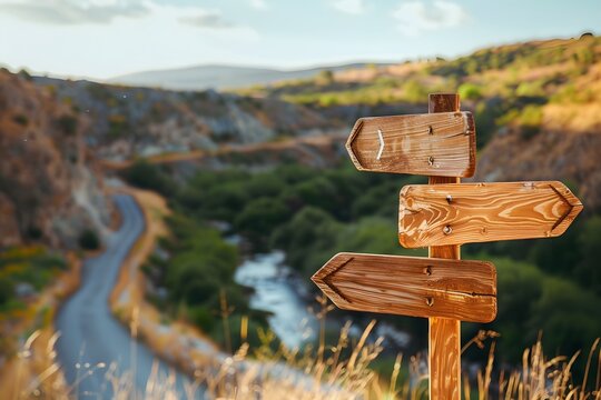 Wooden Signs Pointing in Different Directions in Natural Landscape