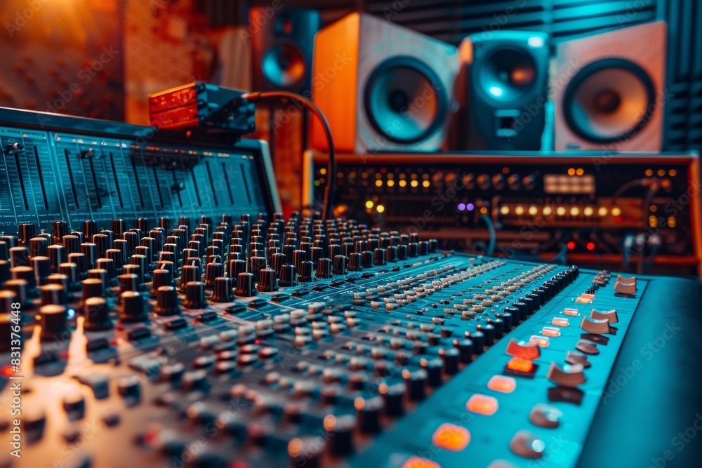 Poster A dynamic sound mixing console set up in a bustling recording studio, capturing the essence of creativity and precision in musical production. Generative AI