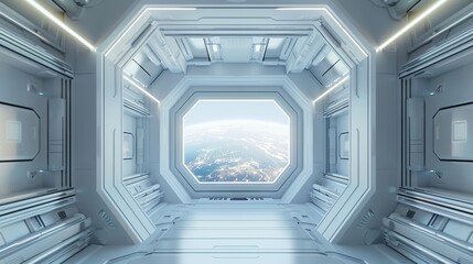 futuristic white space station interior with window view on space and planets 3d rendering