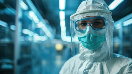 Scientist or Medical staff wearing personal protective gown or PPE, white N95 mask and blue medical gloves puts on goggles.