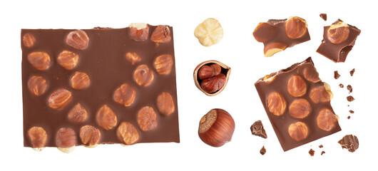 Chocolate with hazelnuts isolated on white background with full depth of field. Top view. Flat lay