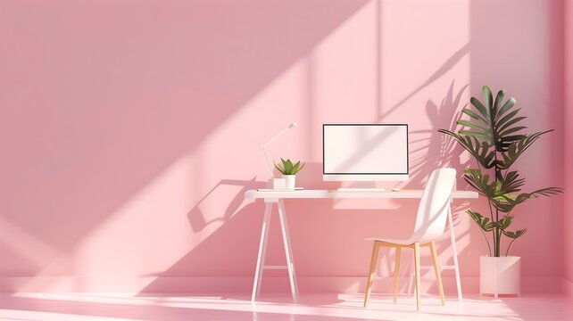 home office 3d illustration remote work from home cozy virtual workspace background freelancing telecommuting pink