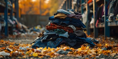 Obraz premium Textile Waste Crisis: A Pile of Discarded Clothes in Landfill and Responsible Disposal Options. Concept Textile Waste, Pollution, Sustainable Fashion, Circular Economy, Recycling