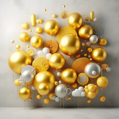 abstract background with golden balls, Dynamic 3D Arrangement. A striking 3D render showcasing a cluster of abstract spheres and solids in gold, white, and black, creating a visually dynamic composite