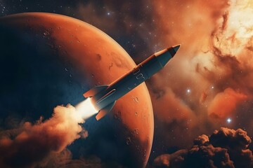 Vibrant Mars with Rocket Launch and Starry Sky