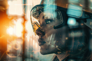 Fototapeta premium putting on safety goggles, eye protection, industrial safety, workplace measures, close up, focus on, copy space, Double exposure silhouette with machinery.