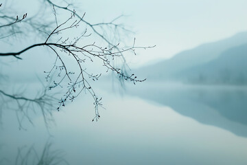 quiet morning by the lake, still water, gentle breeze, serene nature, close up, focus on, copy space, Double exposure silhouette with mountains.