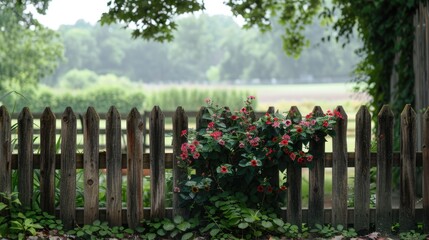 Fototapeta premium Plant framed wooden garden fence. fence with trees