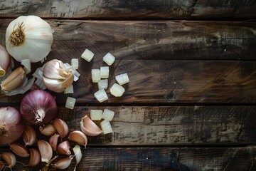 Vintage garlic and onion on rustic wooden table