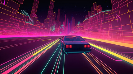 Fototapeta premium Car ride on the neon road in 80s retro synthwave style.