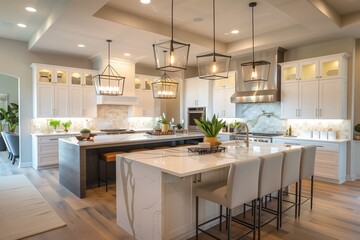 Spacious kitchen with dual islands and modern pendant lighting.