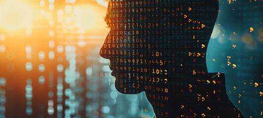 secure online transaction, digital encryption, safe payment, cybersecurity, close up, focus on, copy space, Double exposure silhouette with binary code.