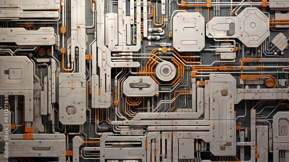 Poster background with metallic panels texture, wires and circuit. spaceship hull wall technology backgroun