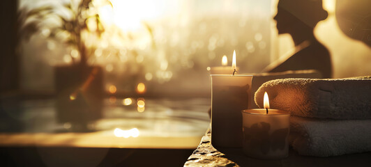serene spa environment, soothing ambiance, relaxation and rejuvenation, calming decor, close up, focus on, copy space, Double exposure silhouette with candles.