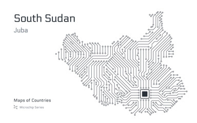 Naklejka premium South Sudan Map with a capital of Juba Shown in a Microchip Pattern with processor. E-government. World Countries vector maps. Microchip Series