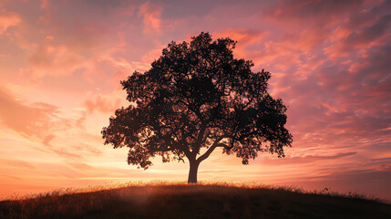 Fototapeta premium silhouette of a tree, serene landscape, natural beauty, peaceful scene, close up, focus on, copy space, Double exposure silhouette with sunset sky.
