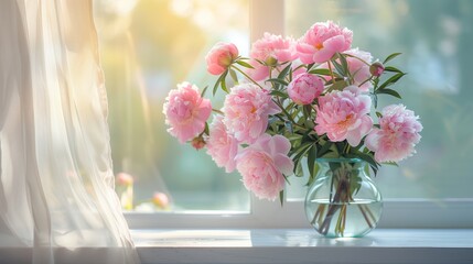 Pink peonies in glass vase by the window with sheer curtains. Bright morning light. Floral decor for home and interior design