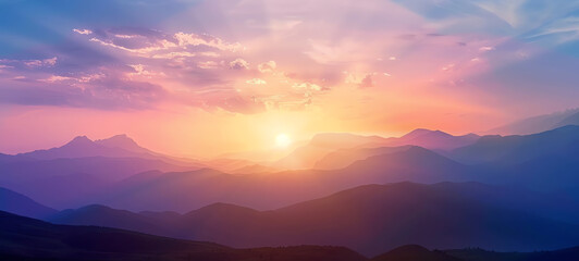 Obraz premium vibrant sunset over mountains, dramatic sky, peaceful landscape, natures beauty, close up, focus on, copy space, Double exposure silhouette with peaks.