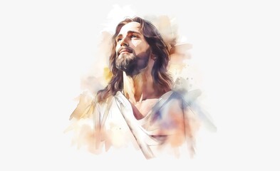 Watercolor portrait of Jesus Christ with copy space. New Testament. Biblical Illustration.