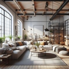 living room with a fireplace, farmhouse country interior design of modern living room home, Grey couches in a modern living room with a rustic interior style. creative AI was used to create