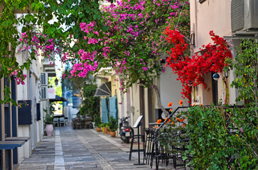 Nafplion town narrow streets with Bougainvillea flowers