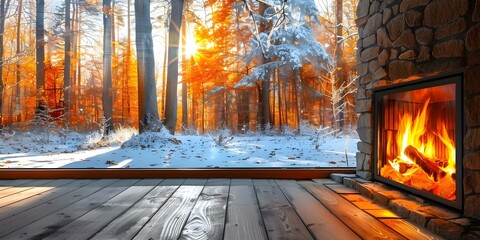 Capturing the Beauty of a Warm Room with a Glowing Fireplace and Scenic Window View. Concept Cozy Interiors, Fireplace Photography, Window Views, Warm Ambiance, Indoor Relaxation