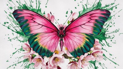 A bright pink butterfly sitting on a cherry blossom, with wings spread wide, revealing an intricate view.