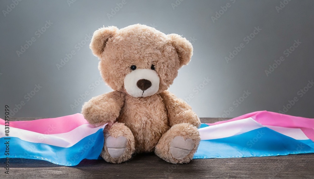 Wall mural teddy bear on white background with transgender flag