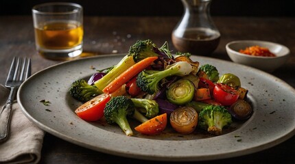 A plate of beautifully roasted vegetables, including broccoli, carrots, and cherry tomatoes, served on a rustic table with a glass of drink in the background