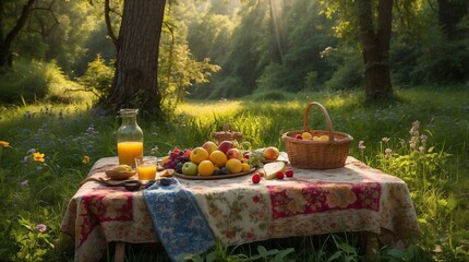 A serene outdoor picnic setup with fresh fruits, juice, and baskets on a colorful tablecloth, bathed in soft sunlight in a forest clearing
