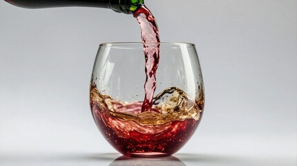 A vibrant red wine being poured into a clear glass, capturing the dynamic splash against a clean white background