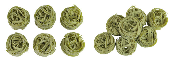 Raw tagliatelle green pasta with spinach isolated on white background. Top view. Flat lay