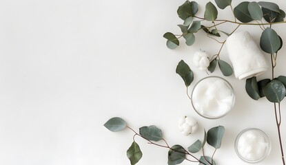 White Cotton Face Cloths, Eucalyptus Leaves, and Bowl with Coconut Oil