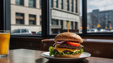 A flavorful cheeseburger with lettuce, tomato, cheese, and onion on a sesame seed bun, served with a glass of orange juice and a street view background