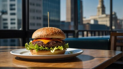 A delicious cheeseburger with lettuce, tomato, and cheese on a sesame seed bun, served on a plate with a cityscape background