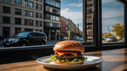 A mouth-watering cheeseburger with fresh lettuce, tomato, and cheese on a sesame seed bun, served on a plate with a street view background