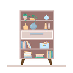 bookshelf; bookcase; interior; flat; vector; cartoon; living; room; stand; drawer; shelf; vase; home; house; background; flyer; illustration; graphic; design; concept; signboard; poster; plant; librar