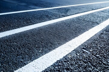 Fototapeta premium White lines on asphalt road texture, top view, high contrast