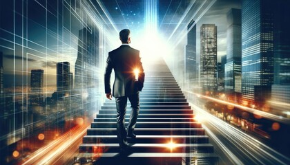 Visionary Leadership: Businessman Climbing Illuminated Stairs Towards Success in a Futuristic Cityscape - AI Generated