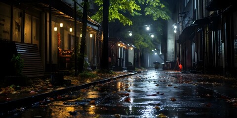 Urban Alley at Night: Weathered Architecture, Moody Lighting, and Wet Streets. Concept Urban Photography, Night Scenes, Cityscape, Street Photography, Low Light Settings