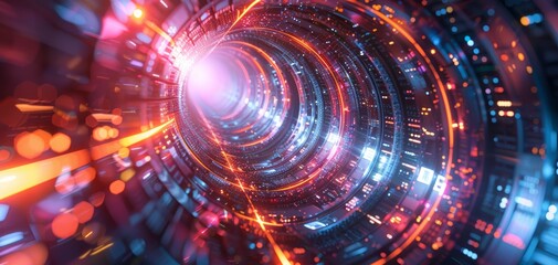 Obraz premium Worms-eye view of a massive, futuristic data tower, gleaming with flowing information, symbolizing power and authority, CG 3D render with intricate details and vibrant lights