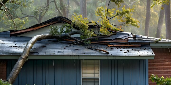Roof of a house damaged by fallen tree during a hurricane. Concept Home Insurance Claim, Tree Removal Services, Repairing Roof Damage, Natural Disaster Recovery