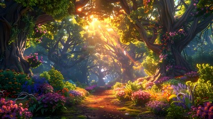 Enchanting Woodland Path Bathed in Warm Sunlight and Vibrant Foliage