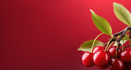fresh red cherries with water droplets on branch against red background, banner with copy space