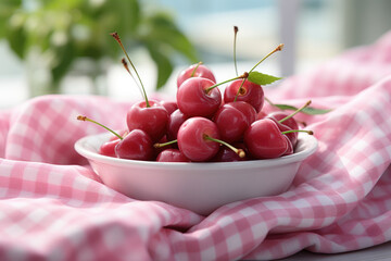 fresh juicy cherries in white bowl on pink checkered cloth summer fruit