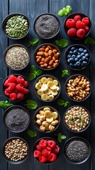 Assortment of Nutritious Superfoods in Bowls on Dark Wooden Background