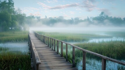 Fototapeta premium Serene Wooden Walkway Through Misty Marsh at Dawn with Tranquil Reflections on Calm Waters