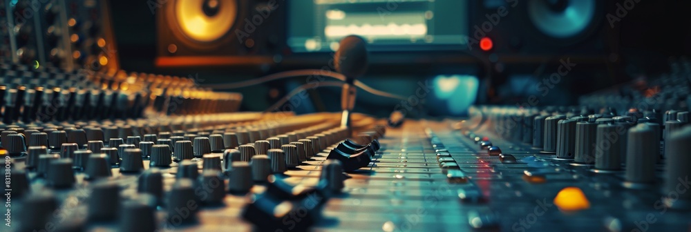 Poster A detailed view of a sound board filled with numerous knobs and controls, ready to mix, adjust, and create the perfect harmony in a recording studio setting. Generative AI
