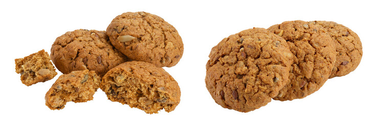oatmeal cookies with flax, pumpkin and sunflower seeds isolated on white background with full depth of field