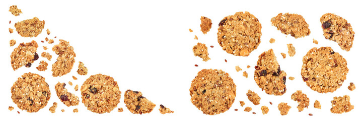 Granola cookie isolated on white background with full depth of field. Top view with copy space for your text. Flat lay.